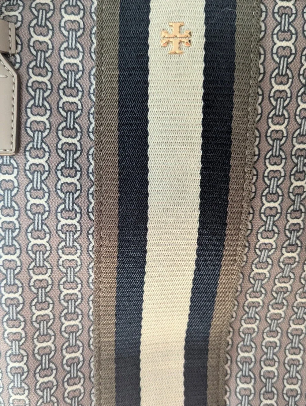 Tory Burch Gray Taupe Canvas Tote with Black and Cream Center Stripe